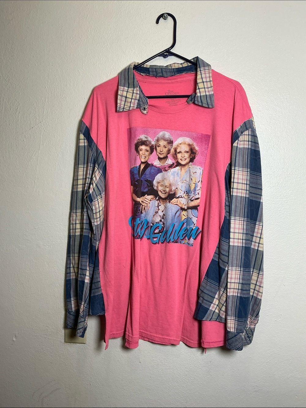 Favorite 80s/90s tv show- Bright Pink Graphic Long-Sleeve Top with Plaid sleeves
